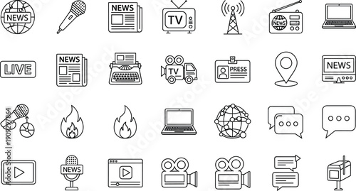 News media and broadcasting line icons set featuring journalism television radio live reporting press communication and digital news outline symbols