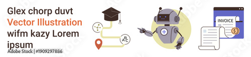 Education, automation, robotics, online learning, financial management, technology services. Graduation cap with pathway, robotic figure and digital invoice. Education and automation concepts