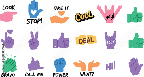 Set of colorful hand gesture stickers with positive messages and icons flat vector illustration