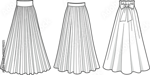 Fashion Forward: Three Skirt Styles for a Modern Wardrobe - Pleated Elegance, Casual Flounce, and Bow-tied Sophistication in a Classic Black and White Illustration