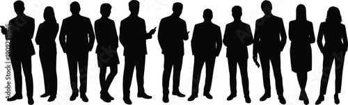 Flat vector silhouettes of diverse business professionals standing in corporate attire confident poses teamwork diversity office workplace communication illustration