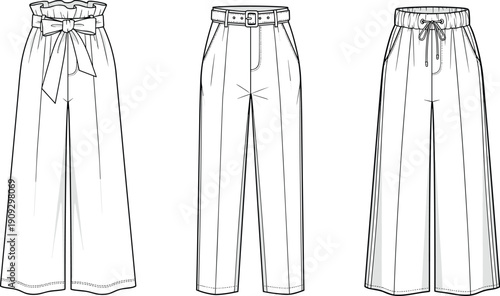 Fashion Forward:  Illustrations of Women's Wide-Leg Pants with Various Waistband Styles for Apparel Design and Technical Flats with Tie Belt, Classic Belt, and Drawstring