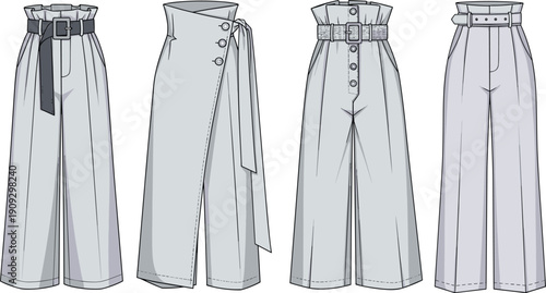 Elegant and Versatile Women's Pants Collection: A Fashionable Illustration of Wide Leg Trousers, Wrap Pants and High Waisted Designs for Modern Apparel Creation