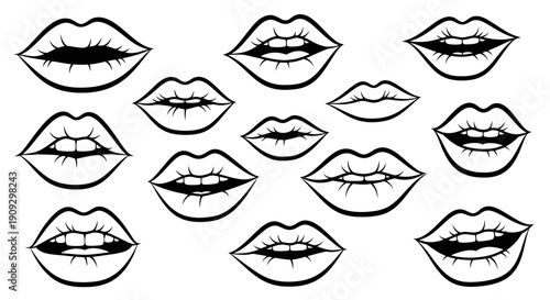 Collection of black and white graphic lips with teeth showing, isolated on white background