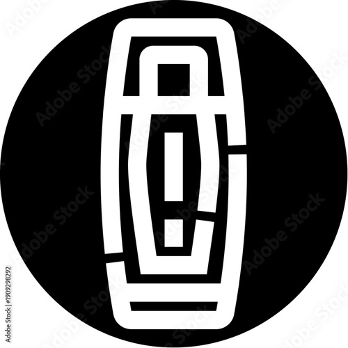 Abstract security device icon showing a solid white outline of a smartphone like shape with an internal rectangular structure, centered within a black circular background