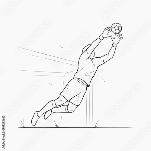 Soccer goalkeeper diving to catch a ball in an outlined illustration  