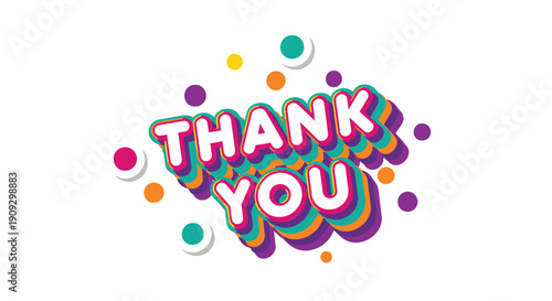 Colorful 'Thank You' speech bubble with rainbow letters and confetti, for social media post or greeting card, isolated on transparent background, png