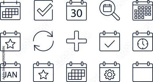 Calendar and Date Line Icon Set: Scheduling, Time Management, Task Check, Add Event, Refresh, Search, Favorites, Settings, Month, Appointment Planner