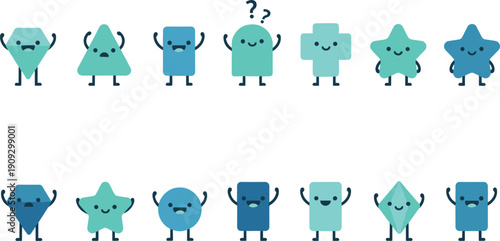 Set of cute geometric shape characters with funny faces and various emotions for kids education vector illustration