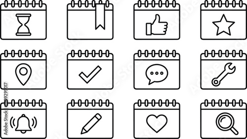Calendar and Event Management Line Icon Set: Time Constraint, Bookmark, Favorite, Appointment, Location, Check, Notification, Edit, Social Status, Digital Planner