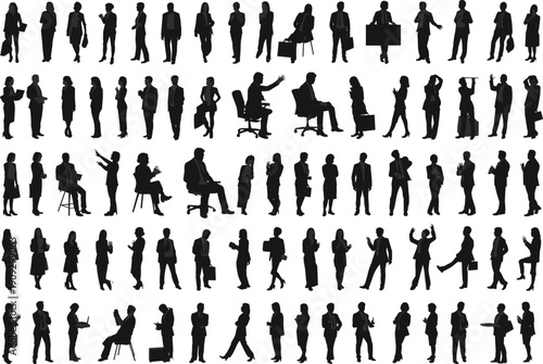 Flat vector silhouettes of diverse business professionals standing walking sitting gesturing holding briefcases teamwork corporate attire workplace communication illustration