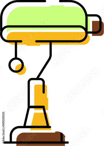 Classic banker lamp with a green shade casting warm glow on a white background, symbolizing vintage study, office elegance, knowledge, and timeless professional design