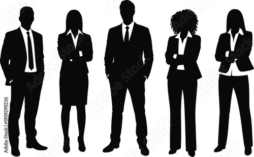 Flat vector silhouettes of diverse male and female business professionals standing together in corporate attire teamwork posture confident office workplace illustration
