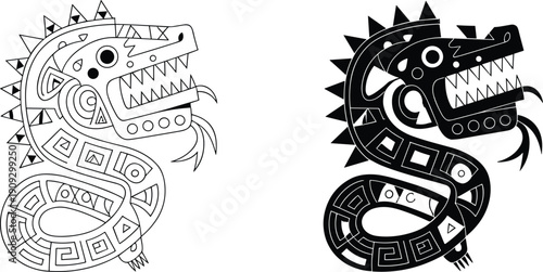 Ancient Aztec serpent illustration in black and white, stylized Mesoamerican dragon vector design, tribal mythology symbol, geometric decorative artwork isolated