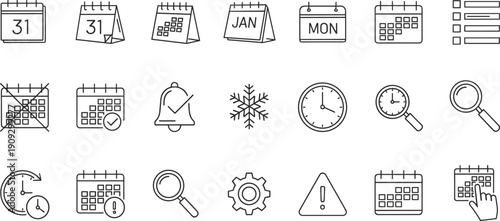 Calendar And Time Management Line Icon Set Featuring Appointment Scheduling, Deadline Tracking, Magnifying Glass Search, Clock Notifications, And Organizational Tools,