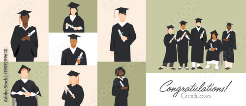 Congratulations Graduates banner. Group of graduated students, wearing academic gowns and graduation caps, holding diplomas.	
