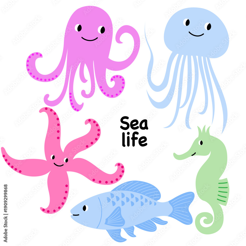 Fototapeta premium Vector illustrations of underwater inhabitants octopus, fish, jellyfish, seahorse, starfish
