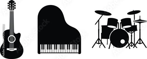 Musical instrument silhouettes set with acoustic guitar, grand piano and drum kit isolated on white background vector