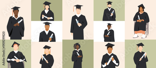 Group of graduated students, wearing academic gowns and graduation caps, holding diplomas.	