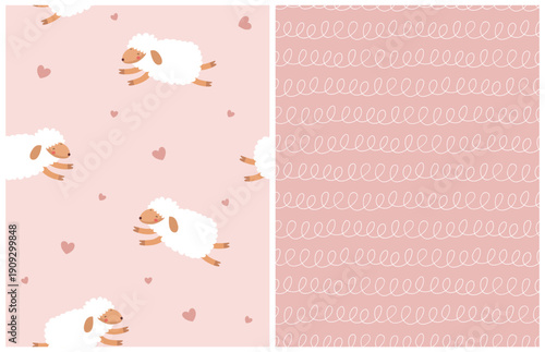 Vector Seamless Patterns With Cute Sheep and Hearts On a Pastel Pink Background. Abstract Doodle Print With White Lines With Loops On Pink. Cute Wallpaper With White Sheep Running Among Hearts. 