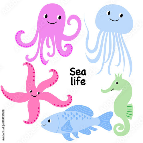 Vector illustrations of underwater inhabitants octopus, fish, jellyfish, seahorse, starfish