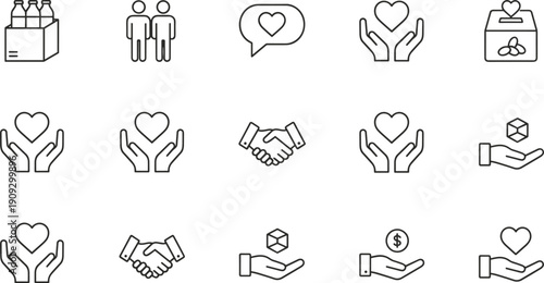 Charity, Donation, and Social Help Outline Icons, Volunteering, Heart, Handshake, Community Service, and Partnership Vector Set.