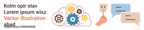 Cloud storage, technology systems, communication, teamwork, workflow, data management. A cloud with gears, chat bubbles and a mask element. Cloud storage and communication concept