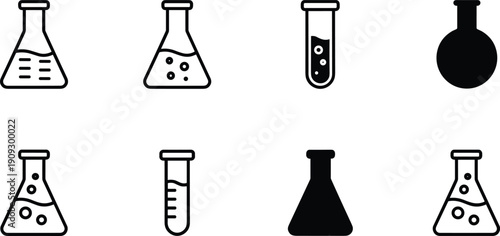 Chemistry, Laboratory, and Science Outline Icon Set: Flask, Test Tube, Conical Beaker, Liquid Solution, Experiment, Research, and Medical Analysis Vector Graphics