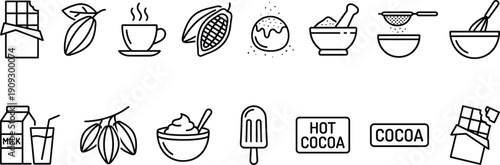 Chocolate, cocoa, and confectionery preparation icon set, including bar, bean, pod, hot drink, ice cream, milk, powder, and baking tools vector line symbols