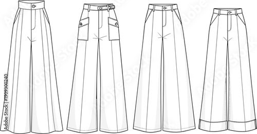 Fashionable Wide Leg Pants Vector Illustration: A Versatile Collection for Designers, Illustrators, and Fashion Enthusiasts Seeking High-Quality Technical Drawings