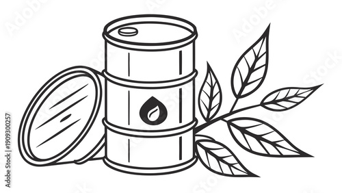 Black and white illustration of an oil barrel with leaves.