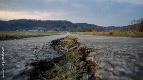 Cracked road with grass growth