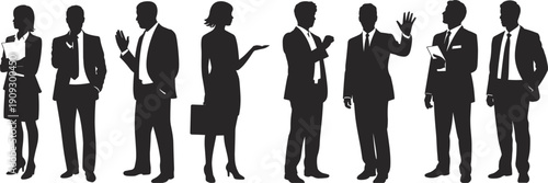 Flat vector silhouettes of male and female business professionals standing in corporate attire confident poses teamwork diversity office workplace communication illustration