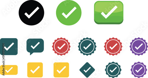 Colorful check mark badges and approval icons collection with circle square speech bubble vector illustration
