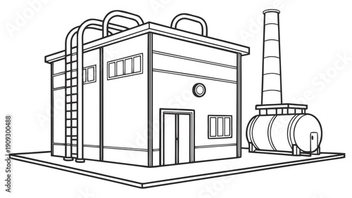 Industrial building with pipes and tanks illustration.