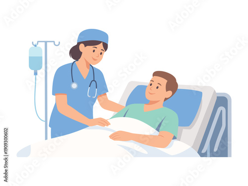 Nurse Caring for Patient in Hospital Bed – Healthcare and Medical Care Illustration