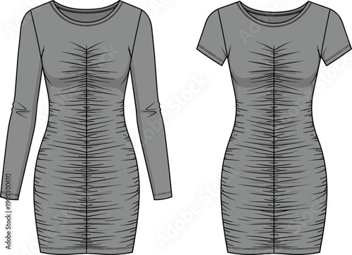 Chic Ruched Dress Technical Drawing: Versatile Fashion Templates for Designers, Showcasing Long Sleeve and Short Sleeve Options in a Modern, Sleek Design