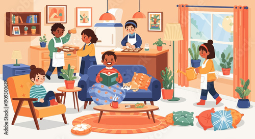 A diverse group of children and adults are engaged in various activities in a cozy, sunlit living room and kitchen area.