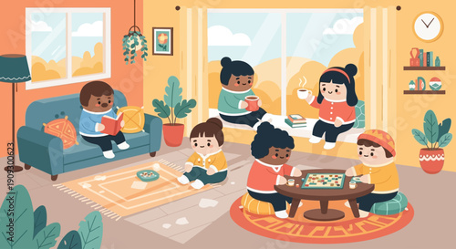 A cozy living room scene with diverse children enjoying various activities like reading, playing board games, and drinking hot beverages.