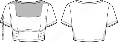 White Fashion Crop Top Design Mockup: Square Neck Short Sleeve Blouse Template for Designers, Garment Industry, Fashion Industry and Clothing Design Illustrations