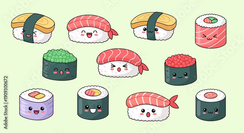 A collection of cute, kawaii-style sushi illustrations with various types of sushi depicted with adorable facial expressions.