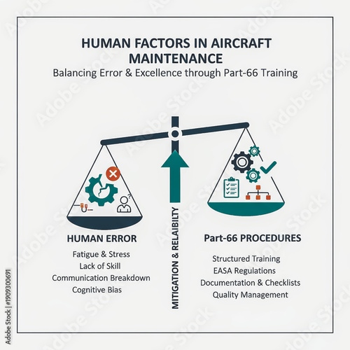  infographic balance between human error and procedural excellence in aircraft maintenance. Part-66 training and structured procedures mitigate risks to enhance reliability and safety in aviation.