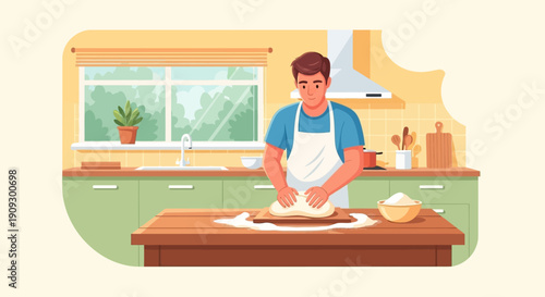 A man in an apron kneading dough on a wooden table in a bright kitchen.