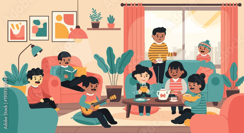 A diverse group of people enjoying a cozy gathering in a living room, with music, reading, and tea.