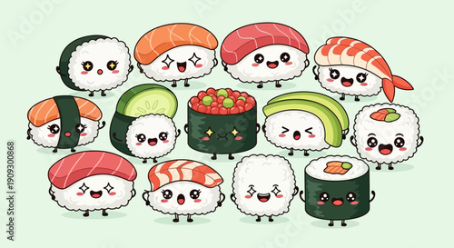 A delightful collection of kawaii-style sushi characters, each with unique facial expressions and vibrant colors, arranged on a soft green background.