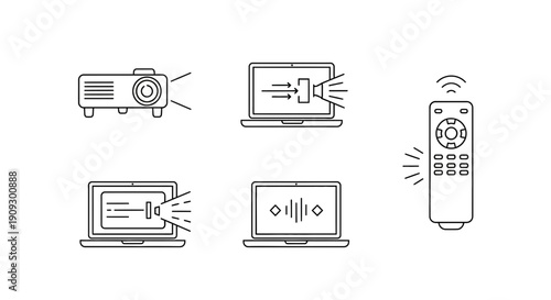 Set of icons: projector, laptop with sound, remote control, presentation, audio visualization