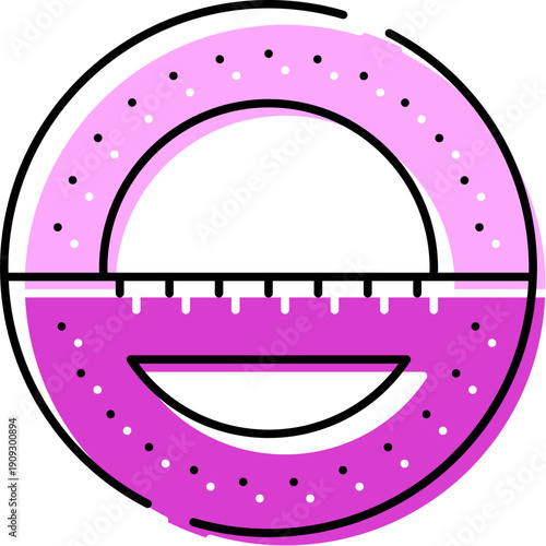 Circular protractor tool displaying various angle markings and a straight edge for precise geometric calculations, useful in education, mathematics, and design concepts
