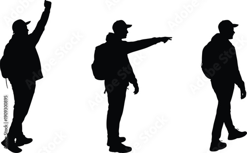 Black silhouette of man with backpack, walking, pointing, and waving, isolated on white background, side view, traveler concept, urban explorer lifestyle, adventure, journey, motion
