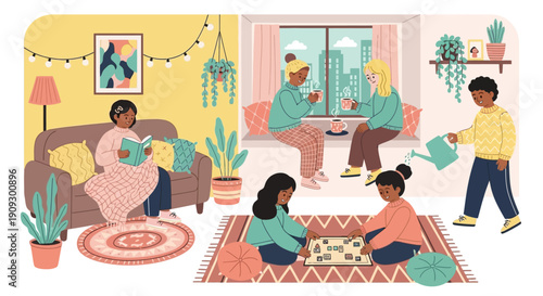 A diverse group of people enjoying leisure activities together in a cozy, plant-filled living room.