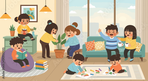 A diverse group of children enjoying various indoor activities together in a cozy living room setting.